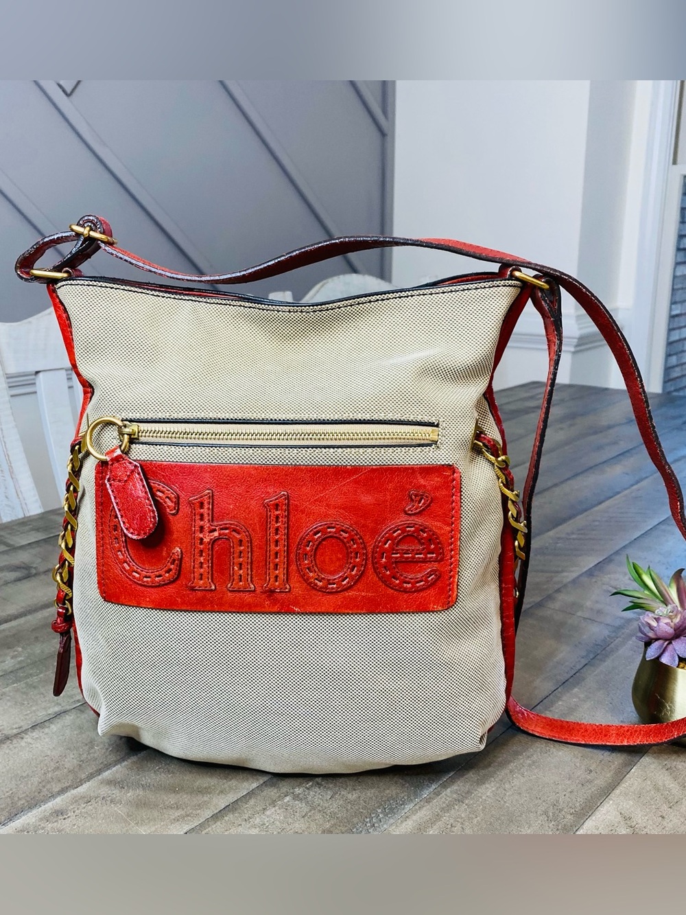 Vintage Chloé Harley Canvas Leather Crossbody Shoulder Bag Beige Red Y2K Phoebe - Picture 1 of 15
